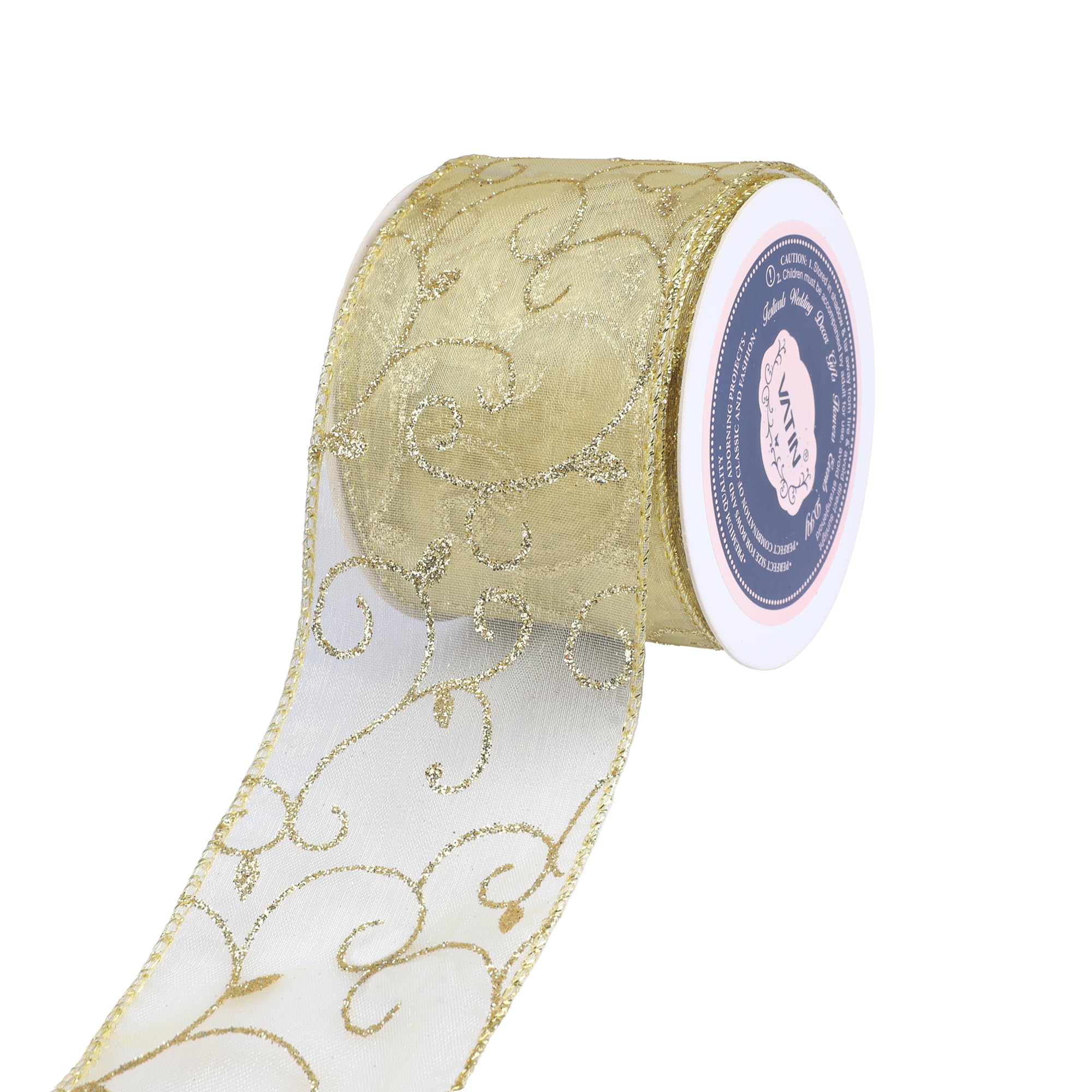 VATIN Swirl Glitter Wired Ribbon,Gold Organza Sheer Ribbon with Gold Metallic Edge, 2-1/2