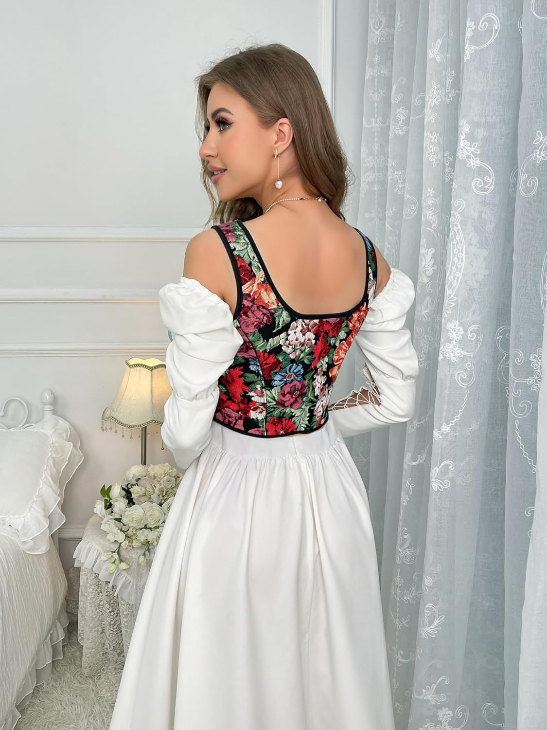 Women Renaissance-Floral-Corset-Top,Vintage-Gothic Lace-Up Bustier Fairycore Overbust Shapewear Bodice - Image 5