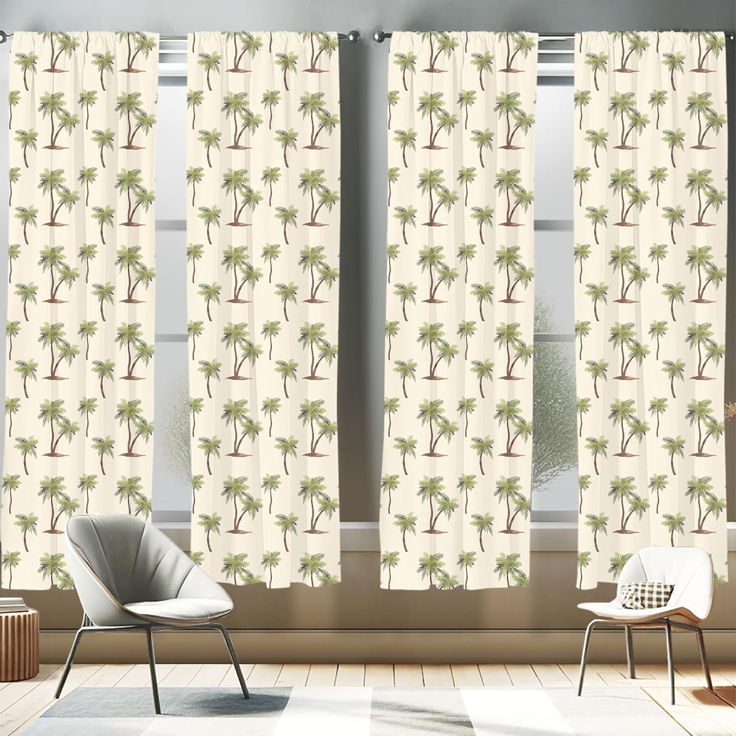 Ambesonne Hawaii Window Curtains Pack of 2, Repetitive Jungle Trees Pattern Hand Drawn Pastel Tropical Palms, Lightweight Set with Rod Pocket, 4 Panels of - 28" x 84", Cream Cocoa and Khaki