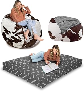 CordaRoy's Faux Fur Bean Bag-Convertible Bean Bag Chair & Bed-Machine-Washable Faux Fur Fabric Cover - for Basement, Living Room, Game Room, Dorm & More - Queen Size - Cow Pattern | Made in The USA - Buy now