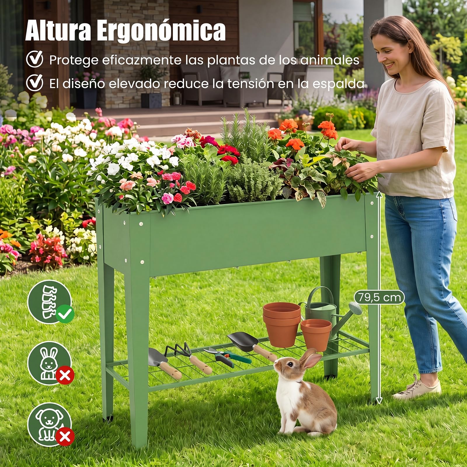 COSTWAY Huerto Urbano de Metal, Jardinera Elevada con Estanta de Almacenamiento de Malla, Agujero de Drenaje, Raised Garden Bed para Terraza Patio Jardín, 95 x 31 x 80 cm, Verde