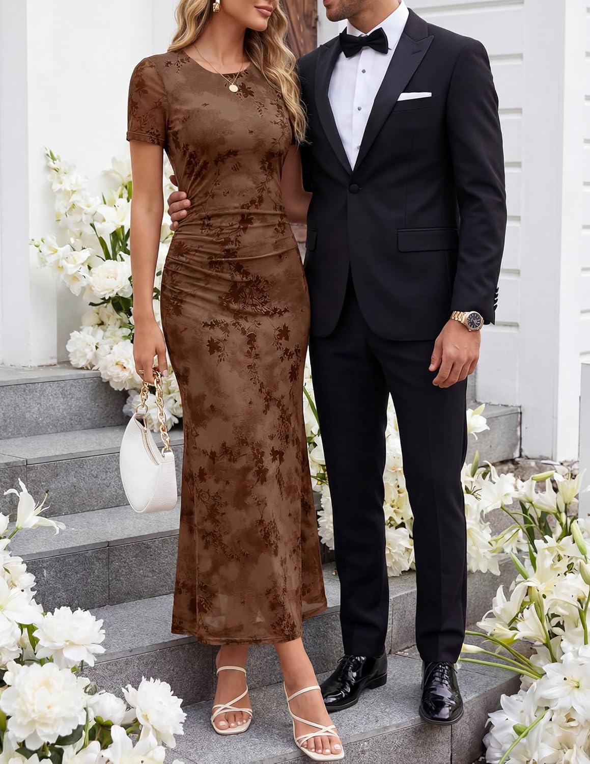 ZESICA Women's Summer Short Sleeve Floral Bodycon Dress 2026 Ruched Mesh Wedding Guest Cocktail Party Maxi Dresses - Image 4