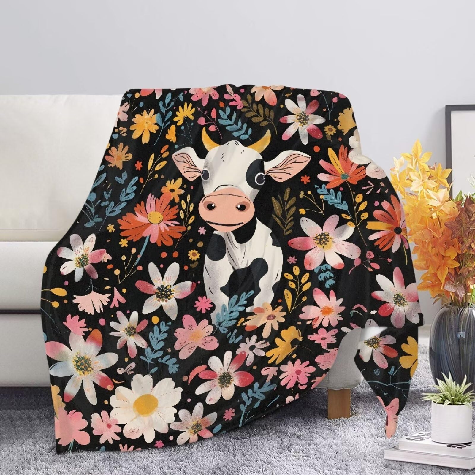 Couverture douce motif vache et fleurs plaid automne noir canapé
