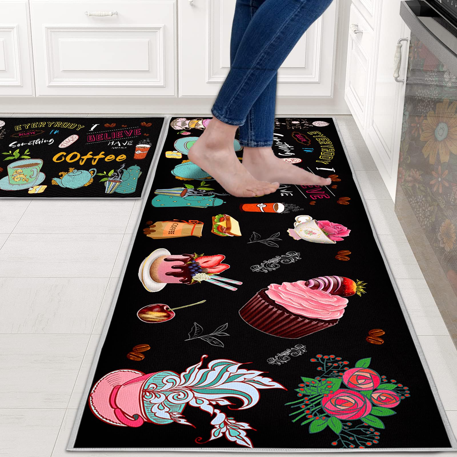 Lot de 2 tapis de cuisine lavables antidérapants imperméables café 40x60 40x120 cm