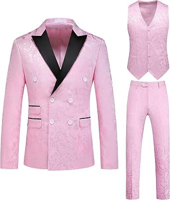 Mens 3 Piece Luxury Tuxedo Set Slim Floral Shawl Lapel Blazer Vintage Groomsmen Wedding Prom Suit