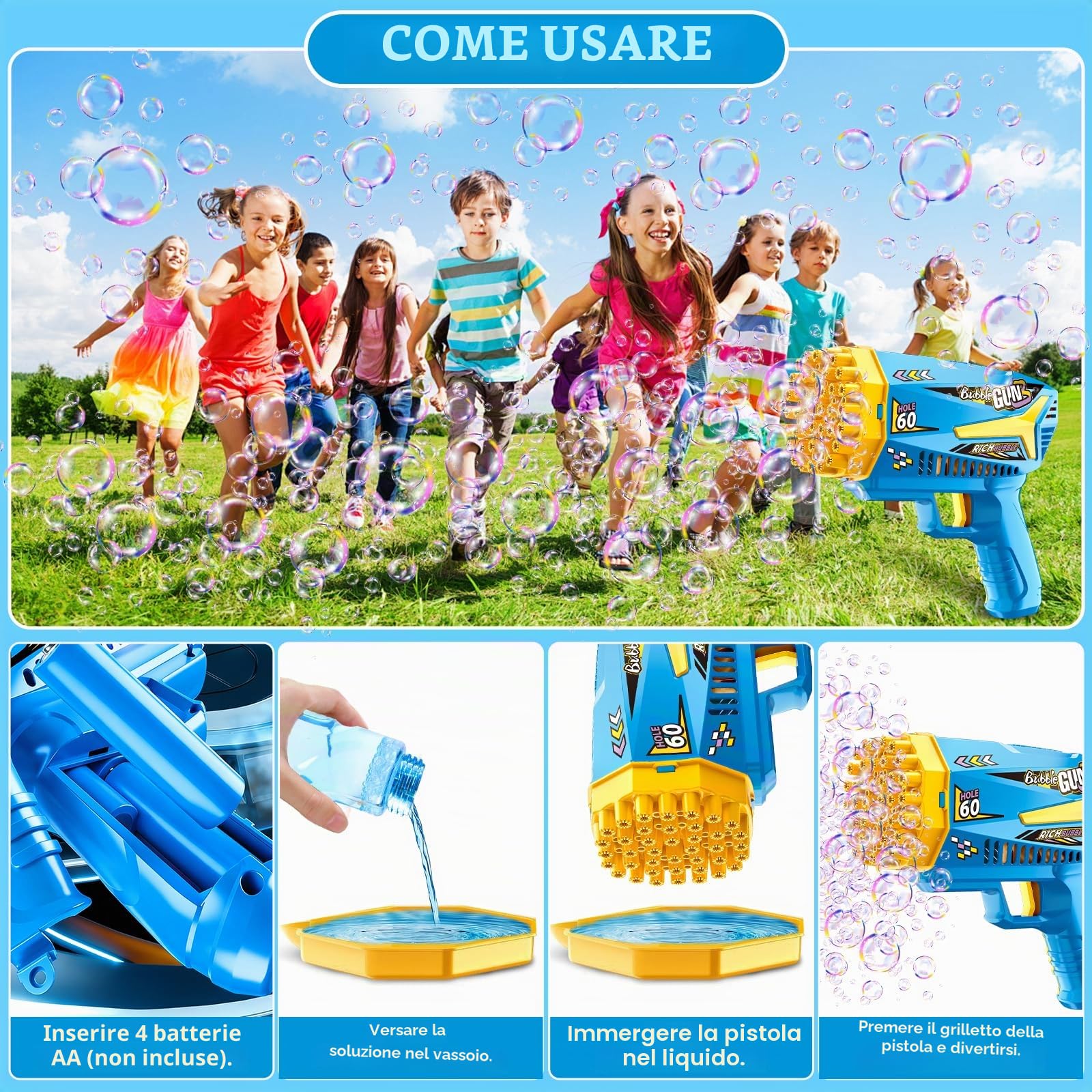 Sparabolle di Sapone, 2 Pieces Macchina Automatica per Bolle, 200ml Liquido Incluso, 10 Confezioni di Liquido per Bolle, Pistola Bolle di Sapone per Feste Compleanno All'aperto Matrimoni