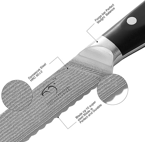 Miniatura 2 de Cuchillo de cocina Damasco, cuchillo de pan dentado de 8 pulgadas con mango ergonómico de madera antideslizante, afilado, ligero, control superior y