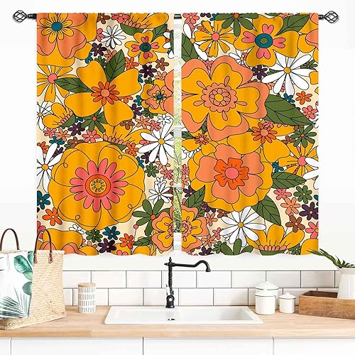 Miniatura 47 de Cortinas de cocina florales retro de los años 70 para ventana, diseño de flores naranjas hippie, estéticas, bohemias, opacas, pequeñas, cortas, para
