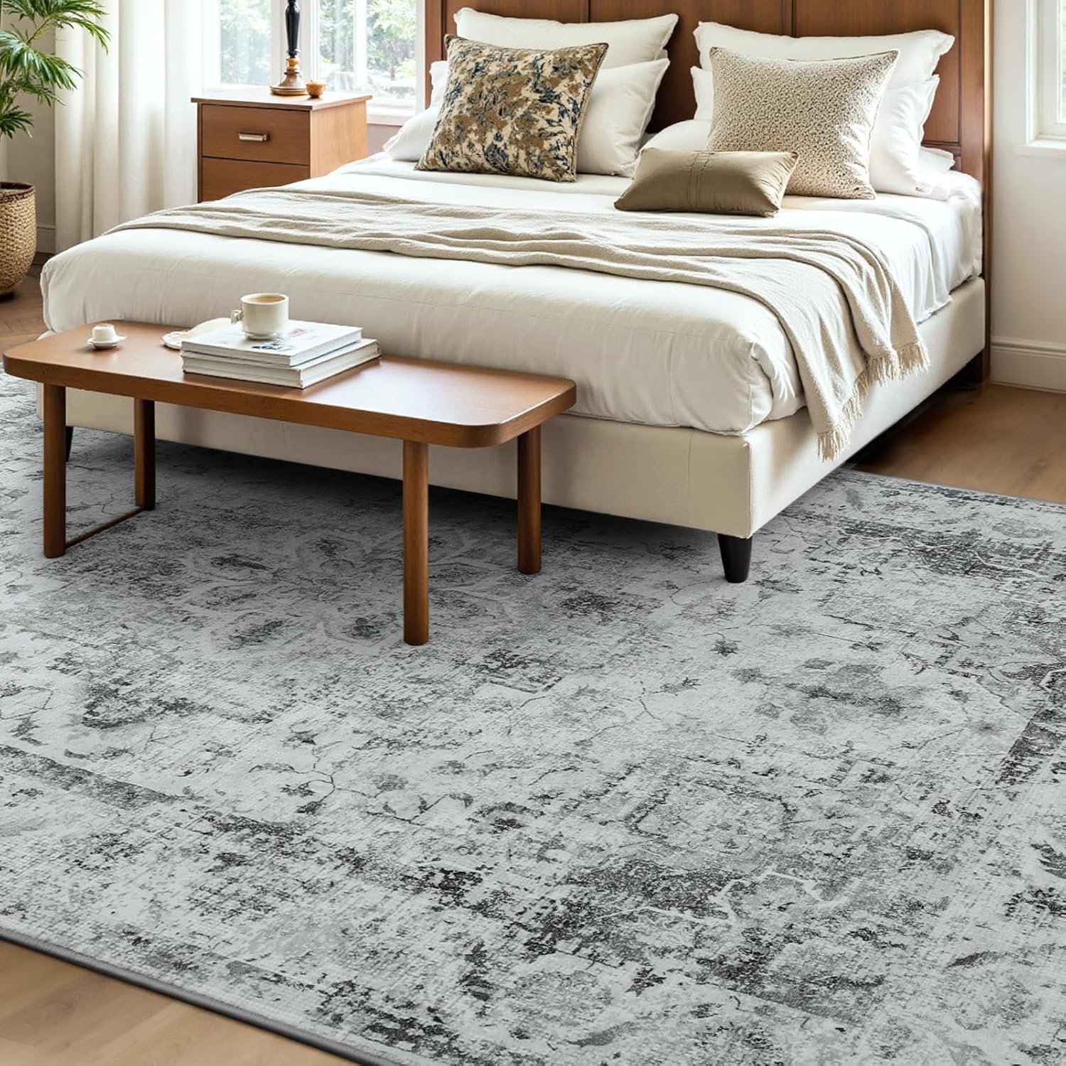YOH Boho Washable Rug 6x9, Light Gray Vintage Non Slip Area Rug, Distressed Indoor Carpet for Living Room Bedroom Kitchen Office