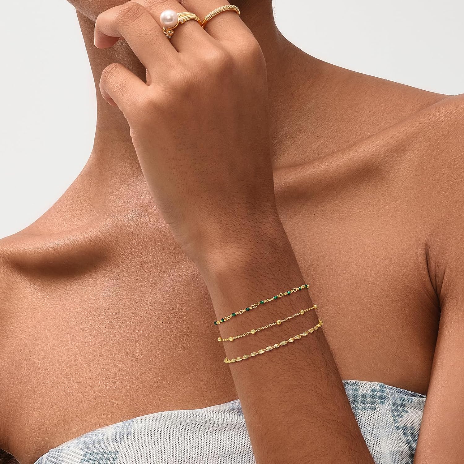 MEVECCO Dainty Gold Beads Bracelets,18K Gold Plated Handmade Cute Emerald Zircon Bead Chain Minimalist Bracelet for Women Jewelry Gifts - Image 2