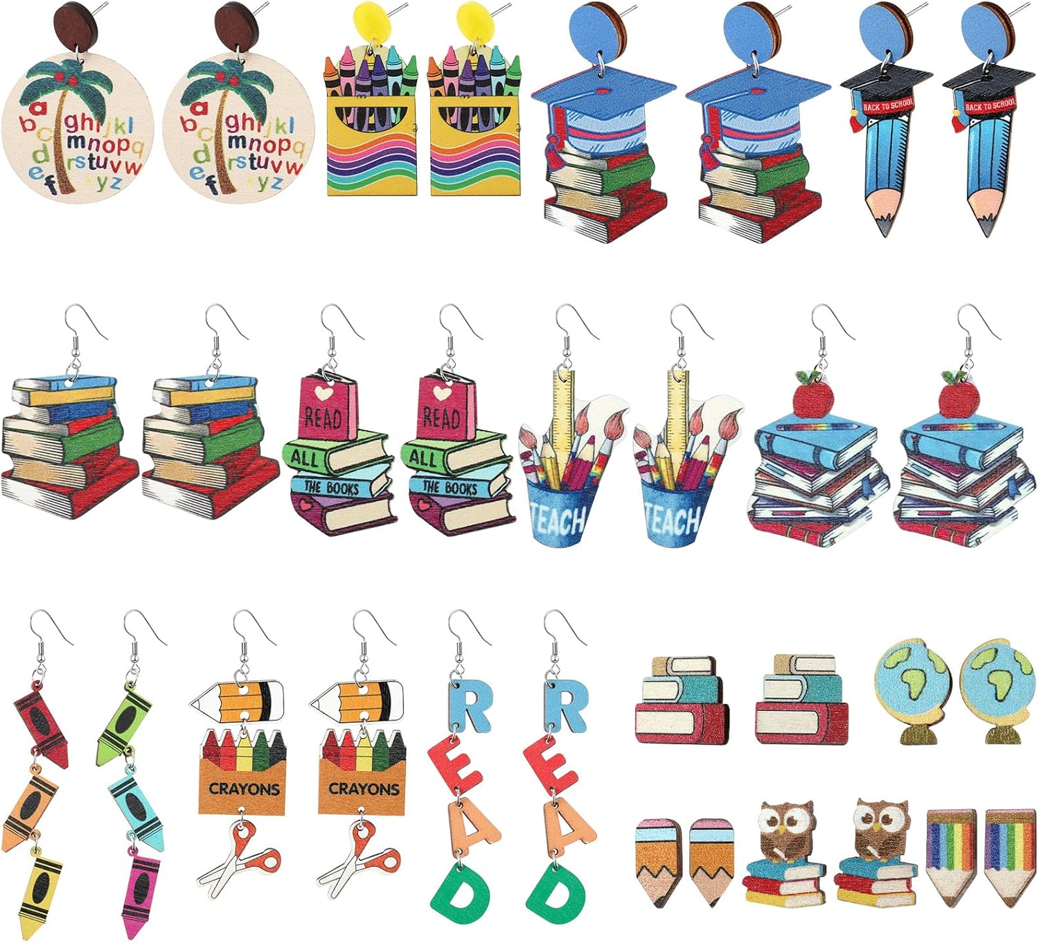 16 Pcs Eacher Gifts Fun Teacher Earrings Women Wooden Pencil Book Earrings Cute Stocking Stuffer for Women
