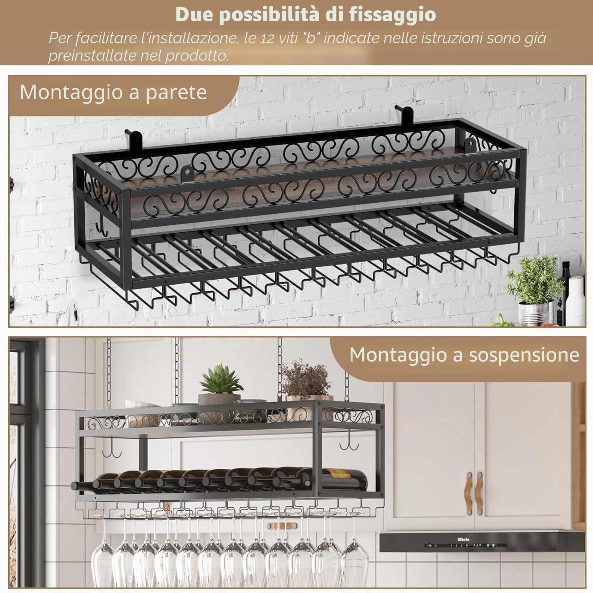 Scaffale da soffitto per vino, regolabile, in stile industriale, regolabile, per bar, ristoranti, cucine, caffetteria