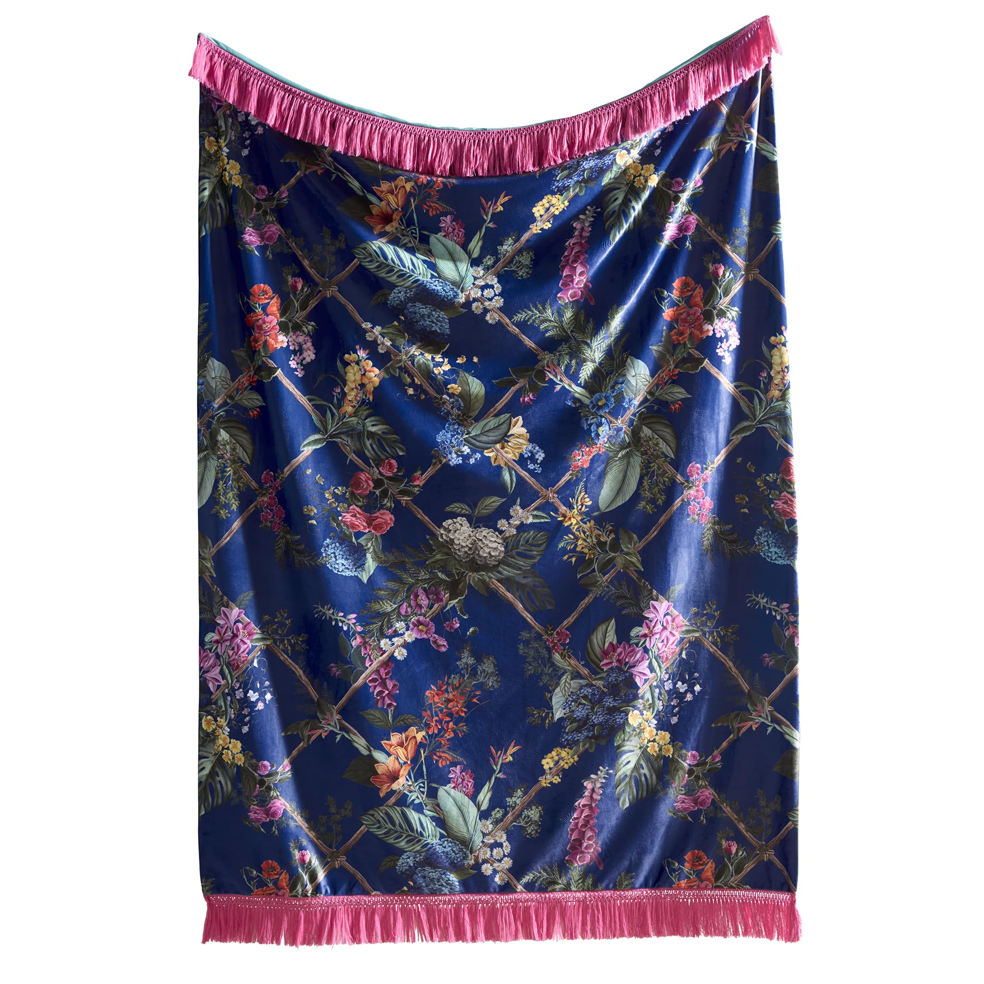 Laurence Llewelyn-Bowen - Sapphire Blue Floral Throw Blanket (130 x 180cm) - Reversible Designs - Botanical Velvet Throw Blanket in Blue - Tassel Throw Blanket for Living Room/Bedroom - Luxury Bedding