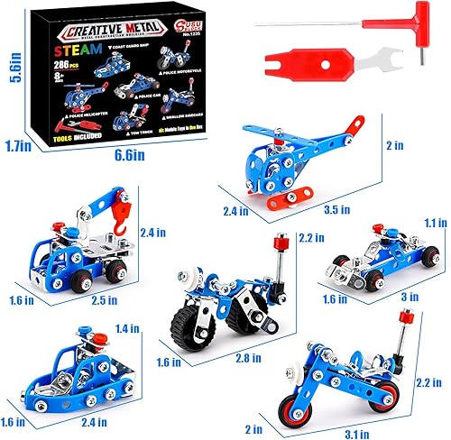 Miniatura 7 de Juguetes de construcción STEM para niños de 8 a 12 años, juguetes de policía, juego de 6 modelos de metal mini para niños, juego de erector para