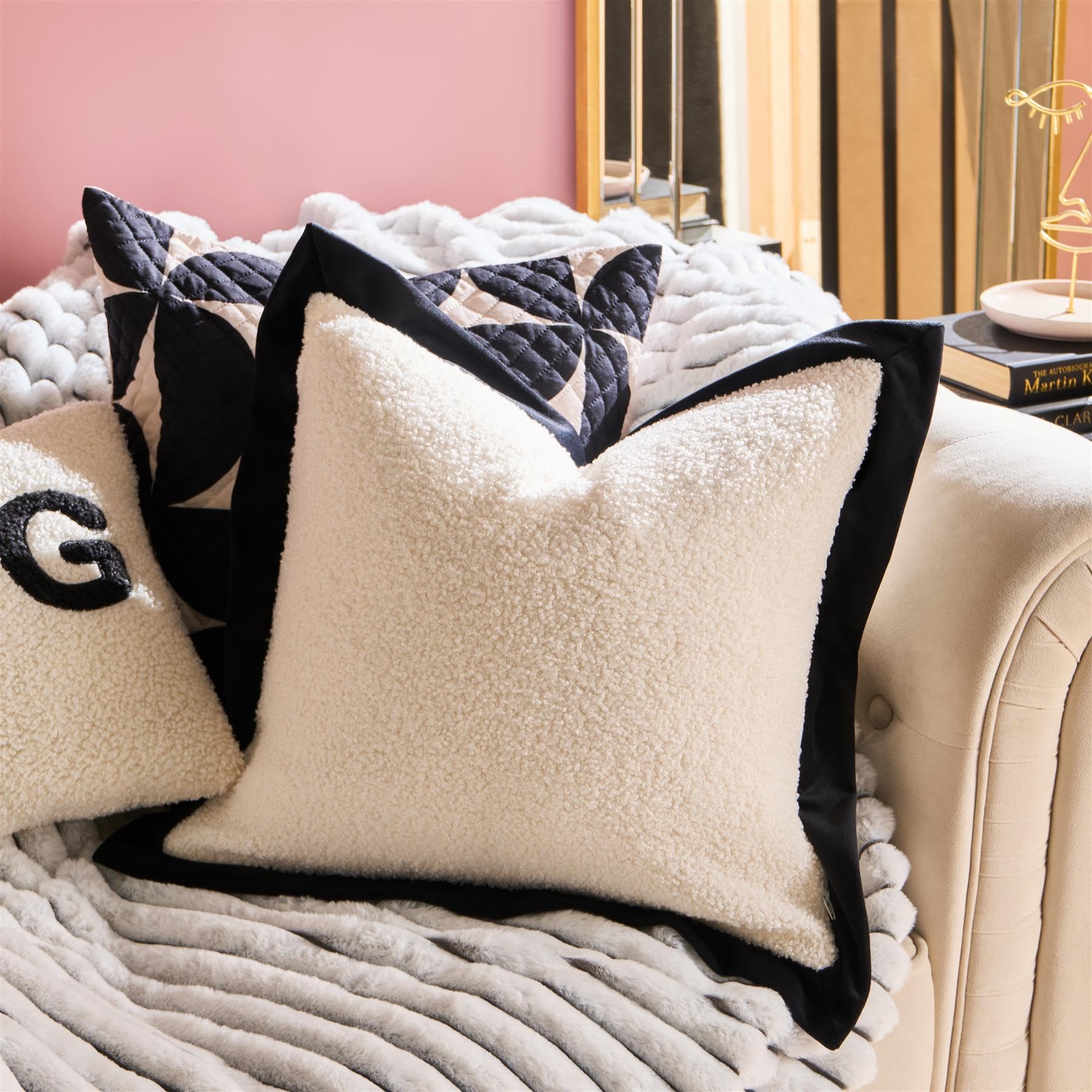 Ohs White/Black Boucle Cushion Covers 45 X 45Cm, Soft Classic Oxford Edge Decorative Square Throw Pillow Covers Pack Of 2 With Invisible Zipper For Couch Living Room Bedroom,