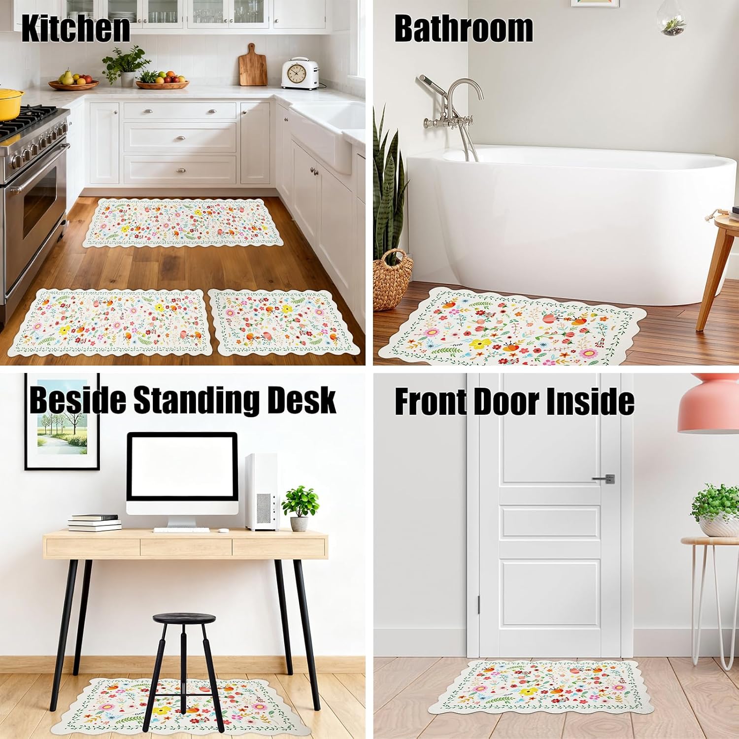 Scalloped Kitchen Mats for Floor 2 Piece, Kitchen Floor Mat Non Slip Washable, Narrow Kitchen Runner Rugs Waterproof Boho Floral Standing Mat Door Mat for Sink Laundry, Hallways, Beige-White