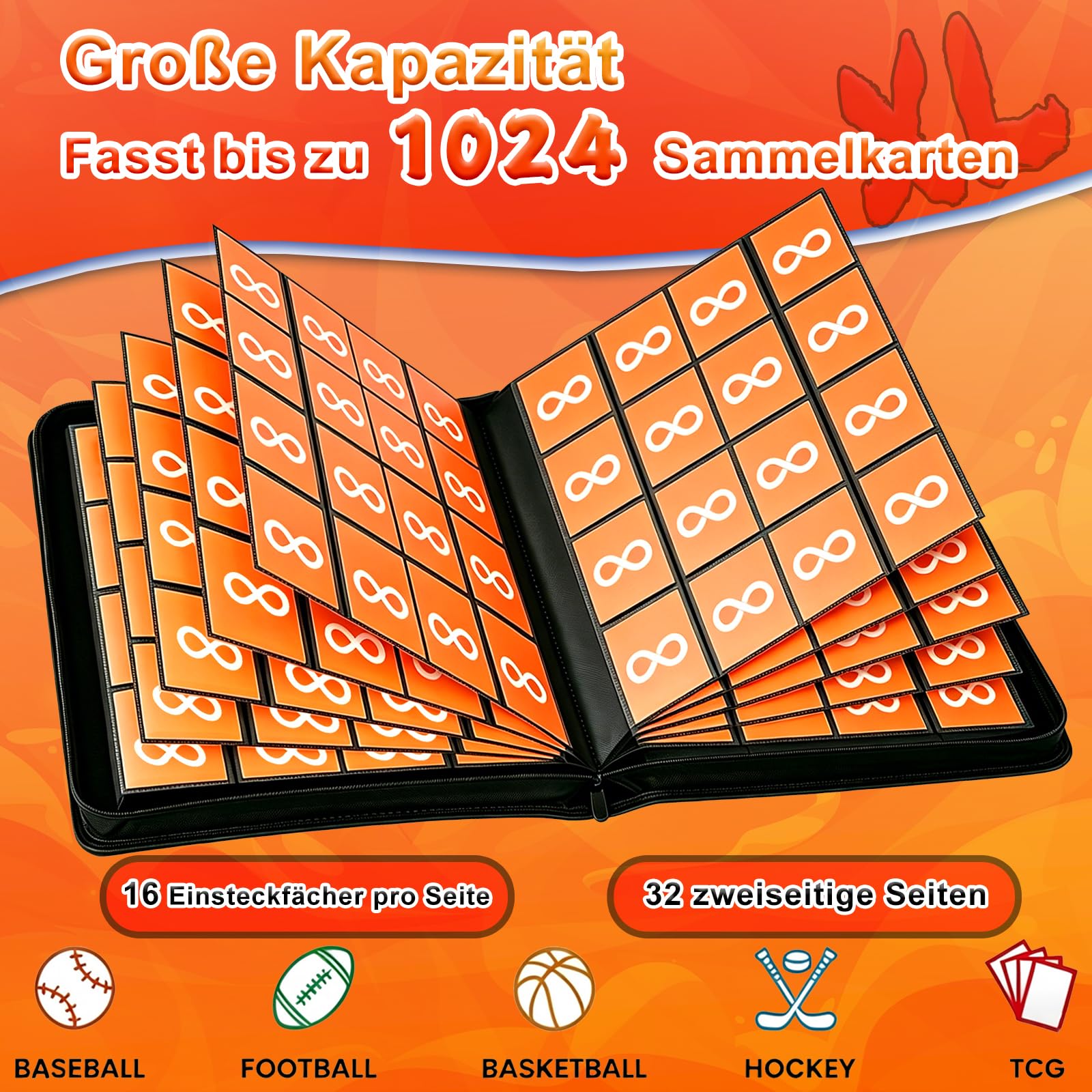 Álbum de recortes con 16 compartimentos, con cremallera, para 1024 tarjetas, álbum de recortes, carpeta grande, portátil, resistente al agua, para TCG, MTG, fútbol y tarjetas coleccionables (negro)