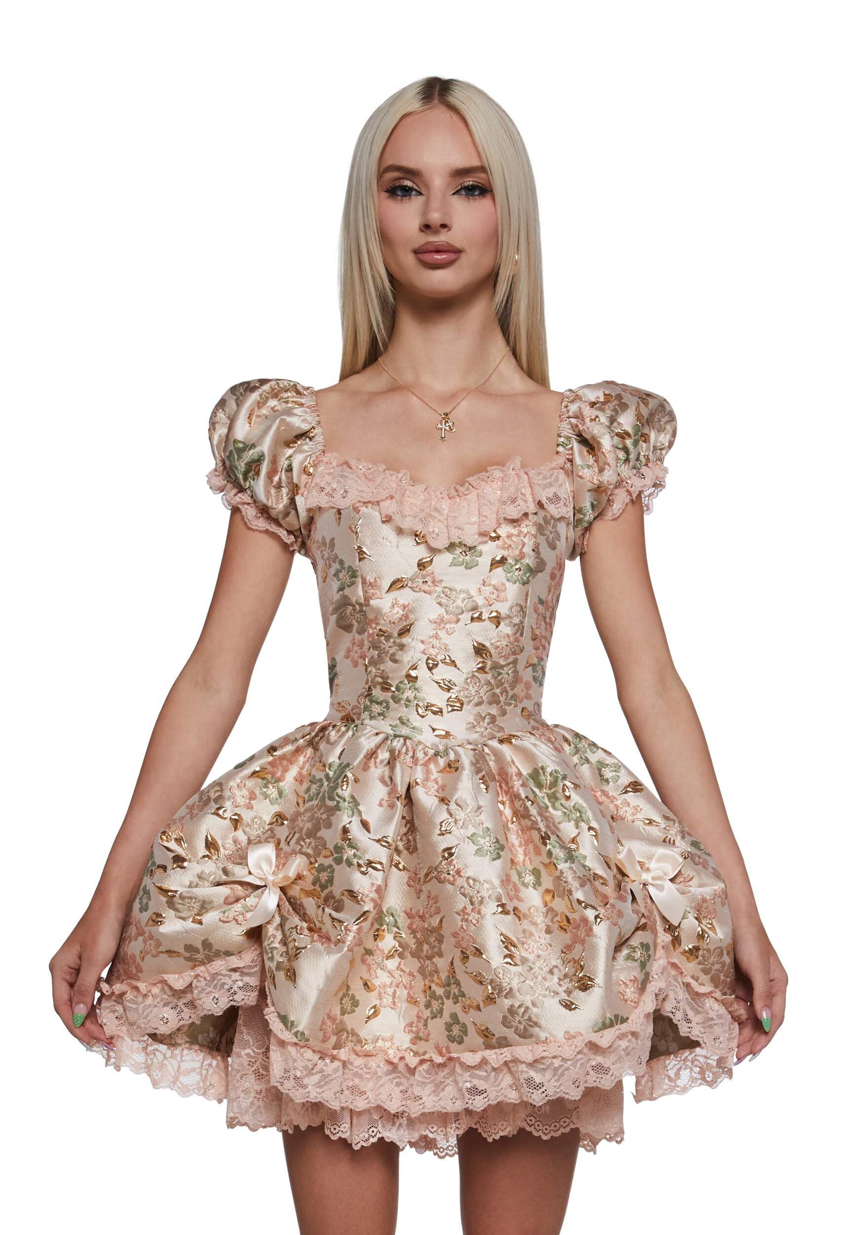 Dolls Kill Tea and Circumstance Brocade Mini Dress by Sugar Thrillz – Elegant Pink Dress with Puffy Sleeves & Bow