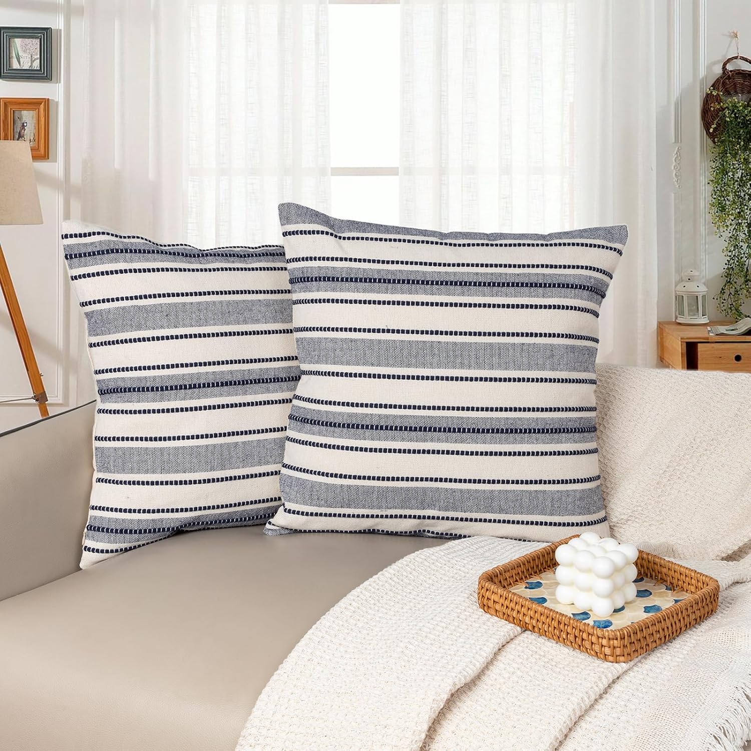 Boho Throw Pillow Covers 18 x 18 inch, Navy Blue Striped Farmhouse Decorative Pillowcases, Accent Cushion Covers for Couch Living Room Bed Sofa, Pack of 2, Covers ONLY