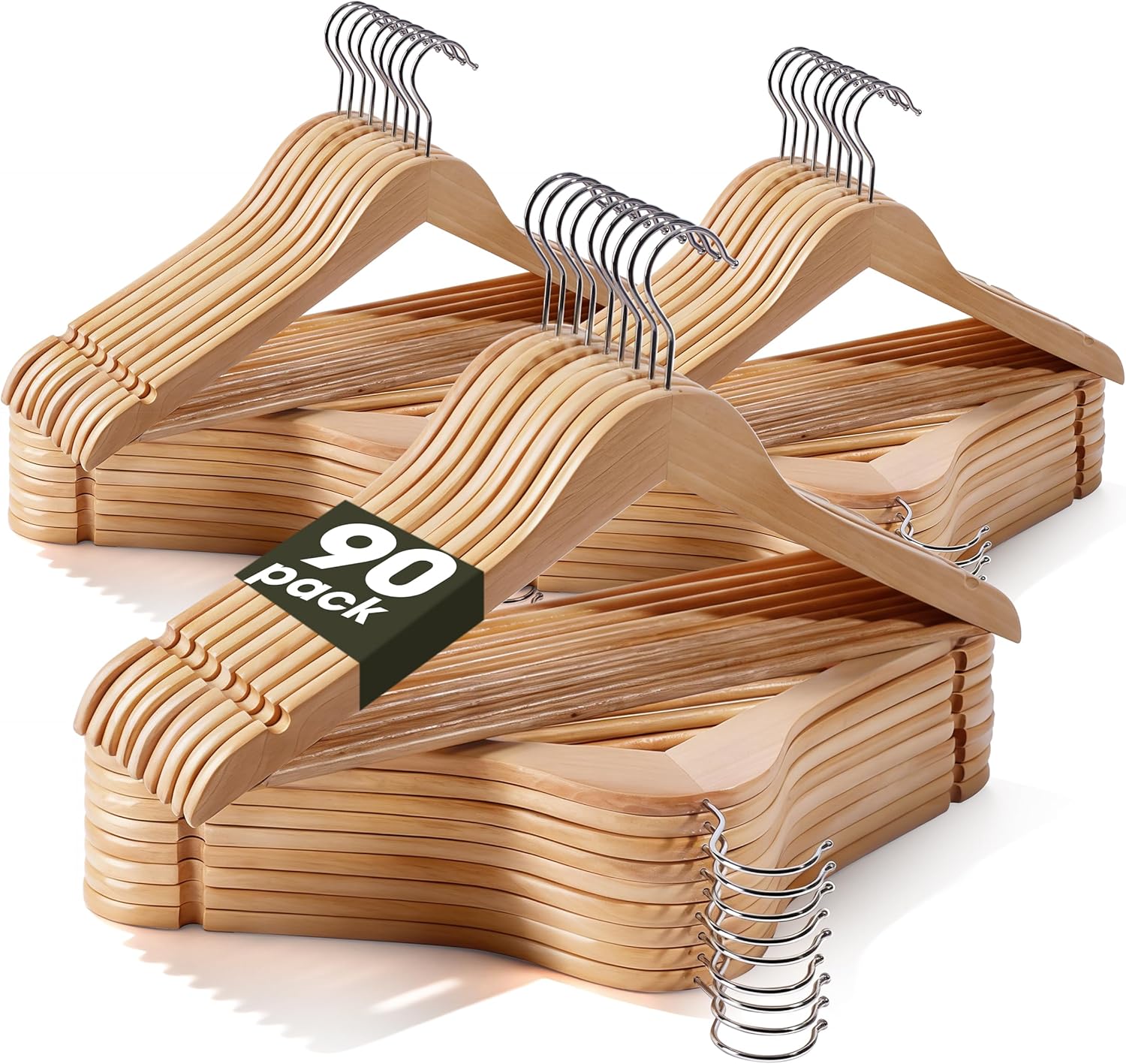 Wooden Hangers 90 Pack,Heavy Duty Solid Wooden Clothes Hangers with Pant Bar,360-Degree Rotatable Hook,Durable & Slim Wood Hangers for Coats,Jackets,Dress,Pants(Natural)