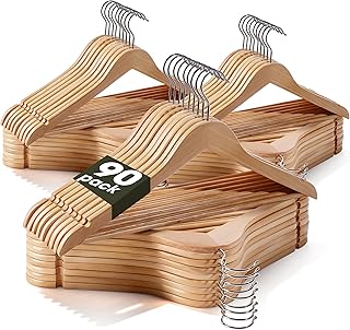 Ulimart Wooden Hangers 90 Pack,Heavy Duty Solid Wooden Clothes Hangers with Pant Bar,360-Degree Rotatable Hook,Durable & Slim Wood Hangers for Coats,Jackets,Dress,Pants(Natural)