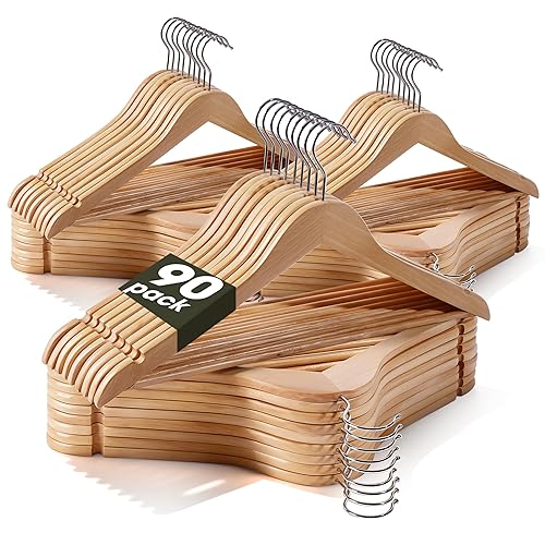 Wooden Hangers 90 Pack,Heavy Duty Solid Wooden Clothes Hangers with