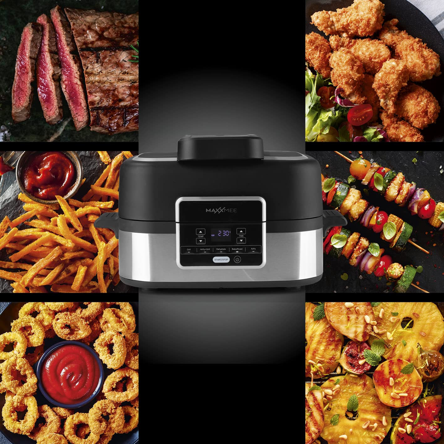 MAXXMEE Multi-Grill mit Heißluft-Funktion 1500w | Ober-/Unterhitze Tischgrill Antihaftbeschichtung | XL Garraum 4,5L zum Perfekten BBQ Look | 5 Programme & LED Display [Schwarz Silber/Kunstoff Stahl]