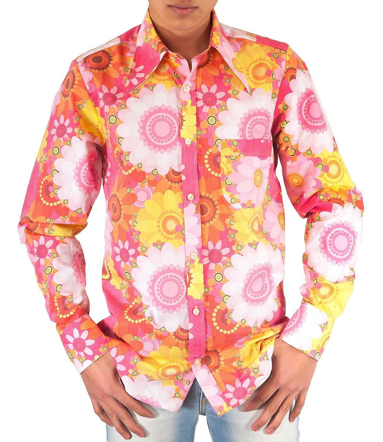 Comycom Colourful 70s Flower Power Shirt Pink (Buntes 70er Jahre Blumen Flower Power Hemd Pink) - Pink / yellow, size: 4xl