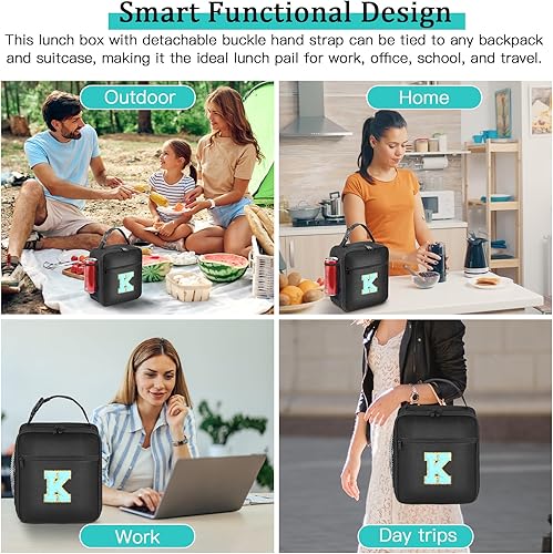 Miniatura 7 de Bolsa de almuerzo aislada inicial, lonchera con parche de letra inicial para adolescentes y adultos, bolsa de almuerzo reutilizable para hombres y
