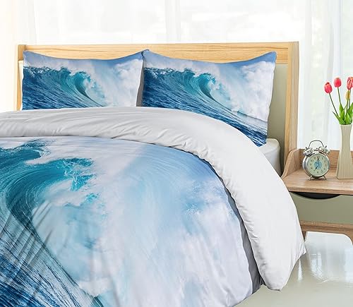 Miniatura 4 de Ambesonne Juego de funda de edredón con estampado de cielo y agua, diseño de tormenta marina con olas de remolino, juego de cama decorativo de 3