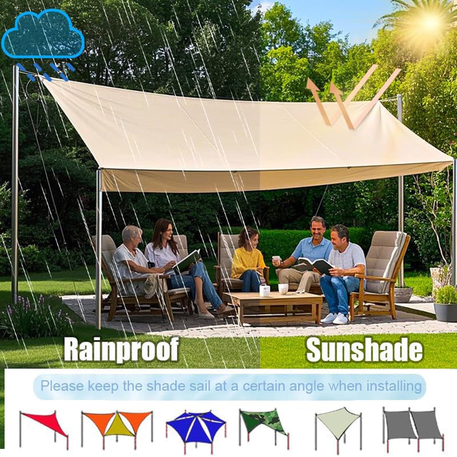 Wasserdicht Sonnensegel 2.4x3.8M Rechteckig Sonnenschutz Terrasse, UV-Schutz Wetterfest 100% Polyester Schattierungsnetz mit Ösen und Seil für Pergola Garten Terrasse Balkon - Grün