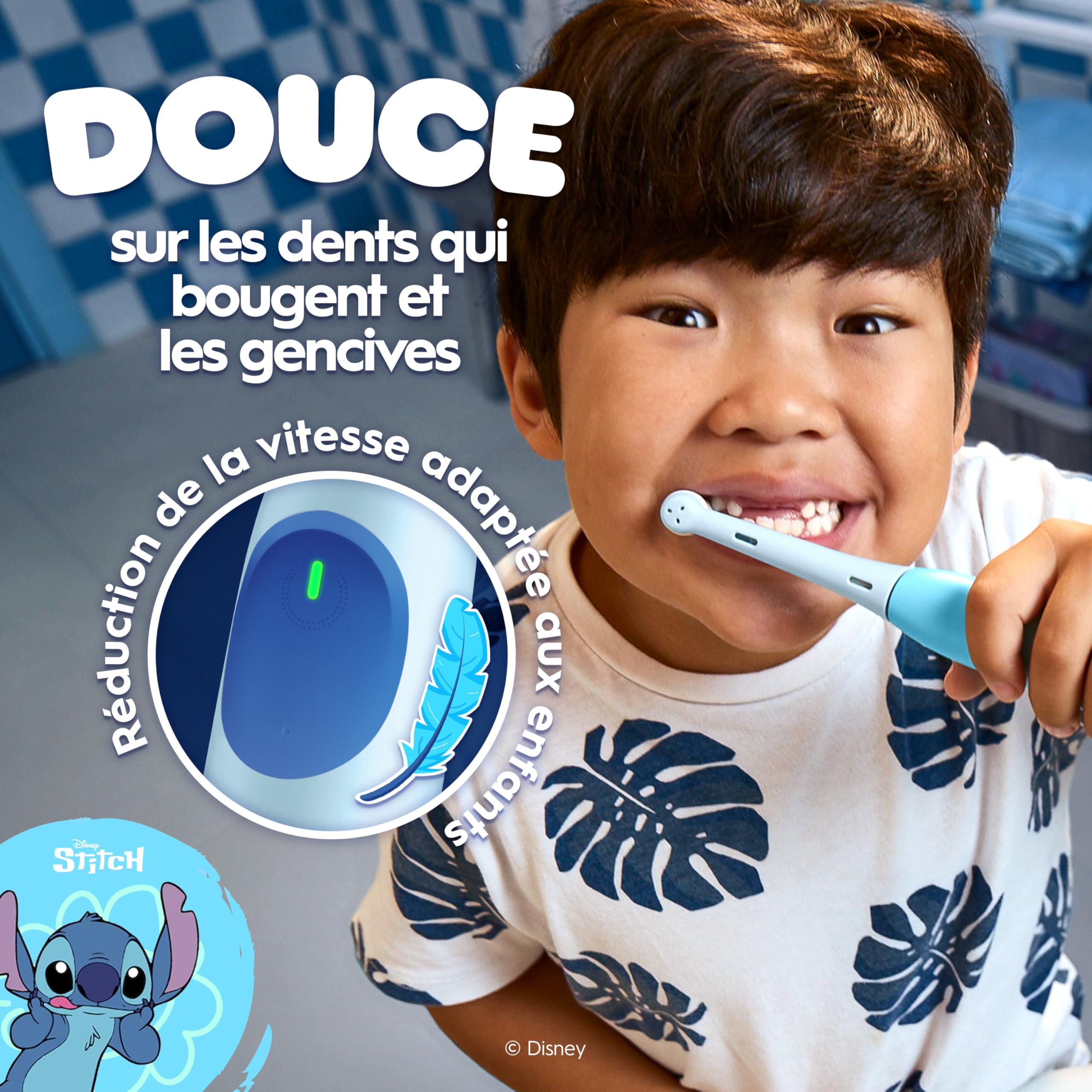 Oral-B Brosse à Dents Electrique iO Kids, Brossette, Version Stitch, Bleue – 3 Modes de Brossage en Douceur pour Enfants de 6 Ans, Minuteur Musical, Embout Rond de Rechange, Etui, en Carton