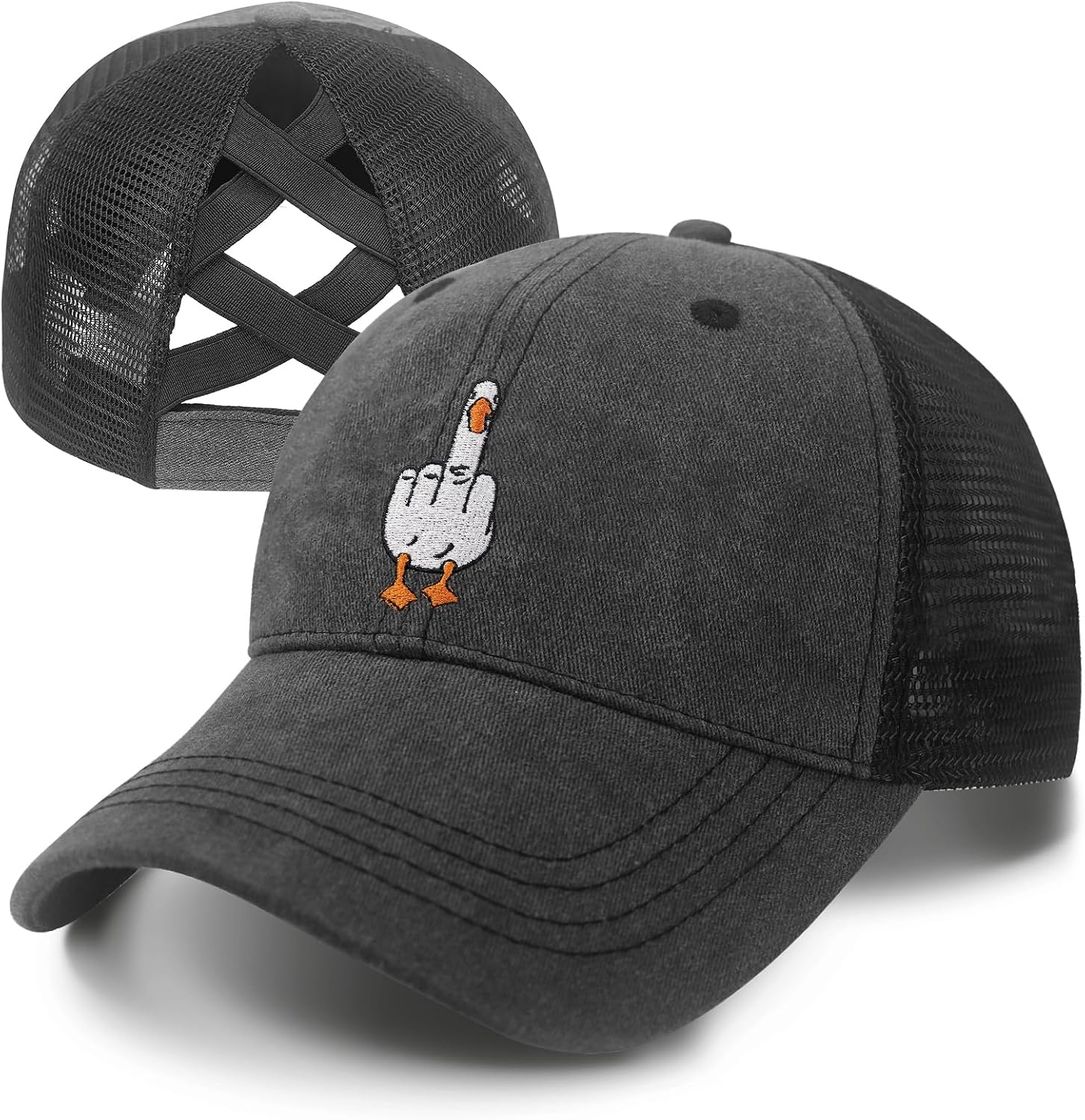 Funny Ponytail Hats for Women, Funny Gifts Middle Finger Goose Embroidered Adjustable Baseball Cap Black