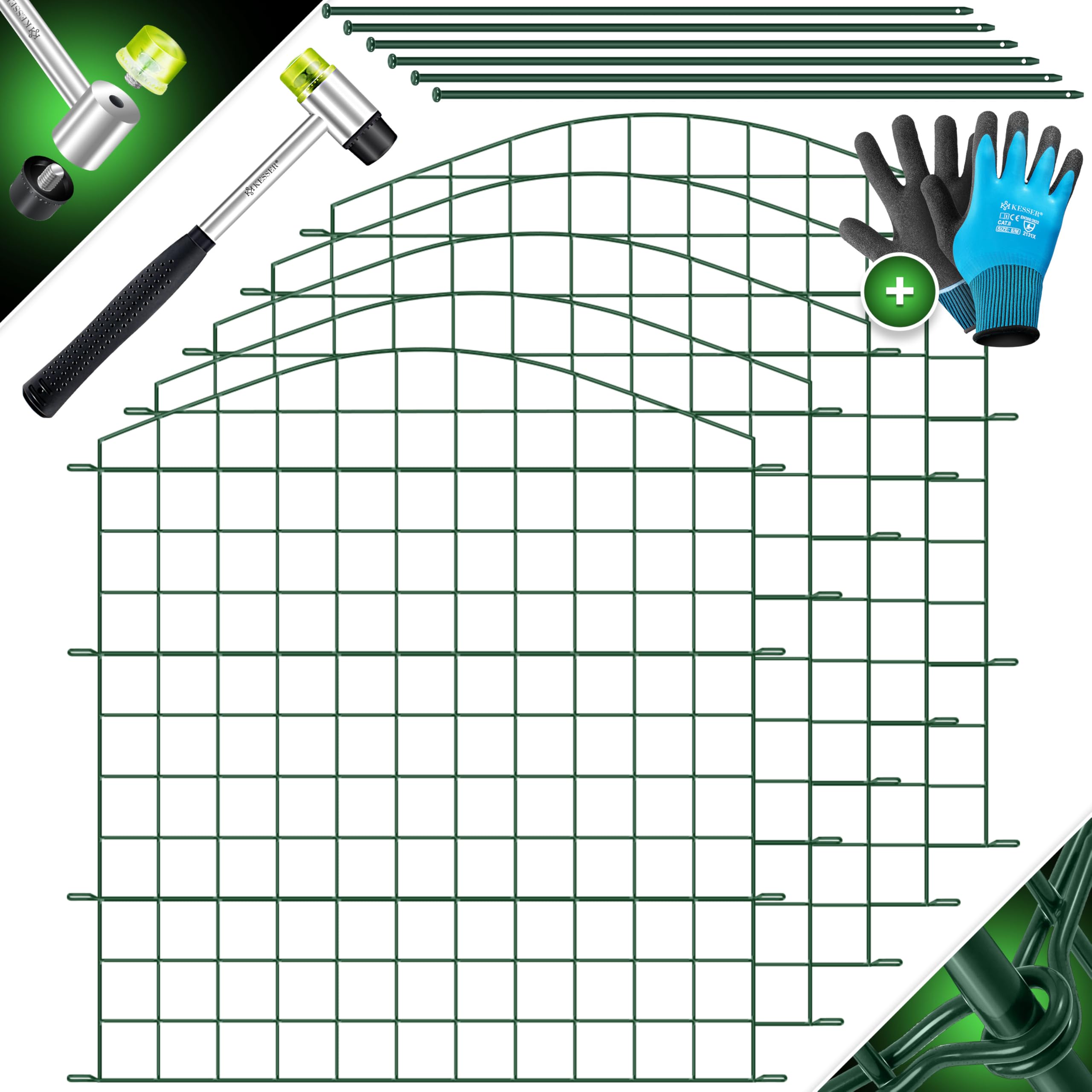 KESSER® Teichzaun Gartenzaun Steckzaun Komplettset Metall 5x Oberbogen Rund Inkl. Handschuhe, 1x Hammer + 6 Befestigungsstäben, Zaun zum stecken für Garten, Gitterzaun Set Freigehege für Tiere