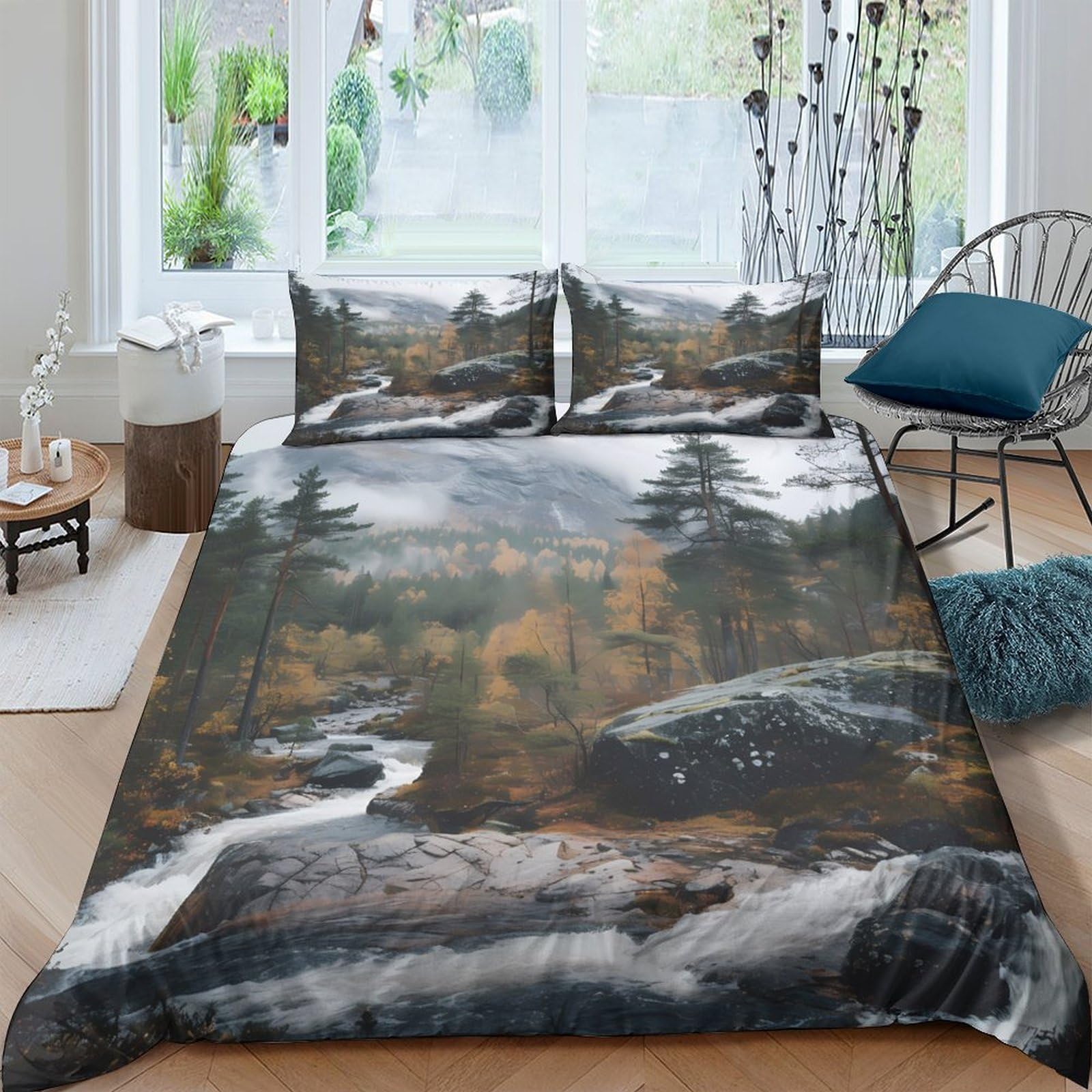 Ctjqhvkz Style-6 3D Printed Forest River Fitted Sheet Microfiber Soft Breathable Mountain Stream Bed Cover For Bedroom Decor Single（135X200cm）