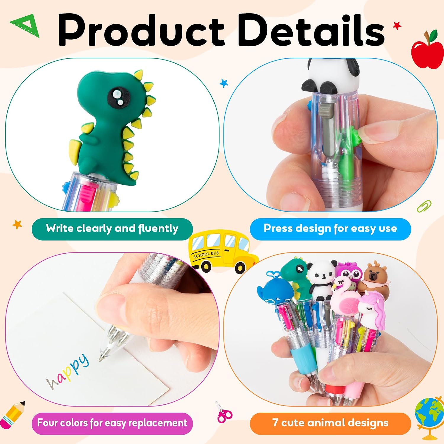 ANGOLIO Back to School 84Pcs Cute Multicolor Pens Gifts Cute Cartoon 4 in 1 Multicolor Retractable Ballpoint Pens with Gift Cards for Students Kids Classroom Rewards Summer Teacher Appreciation Gifts