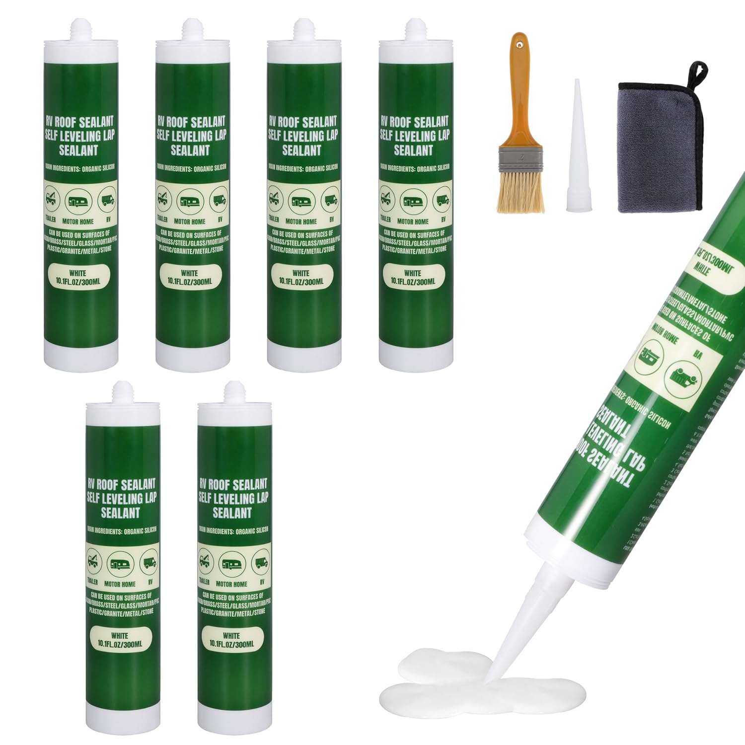 RV Roof Sealant Self-Leveling Lap Sealant RV Self Leveling Caulking for Motorhomes Campers Trailers Repair White Waterproof Flexible 10.1FL.OZ, 6 Pack