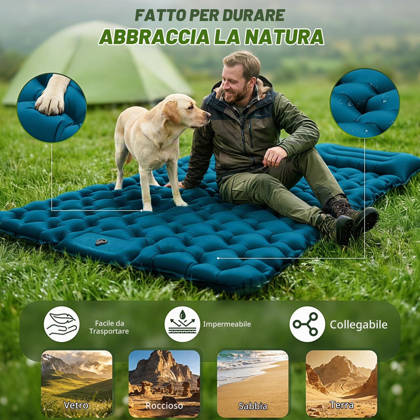 Materassino Campeggio Autogonfiabile per 2 persone 9.5cm, 204 x 130 cm | Ultraleggero Materasso Gonfiabile portatile Letto Campeggio per Outdoor, escursionismo, trekking, tende, spiaggia