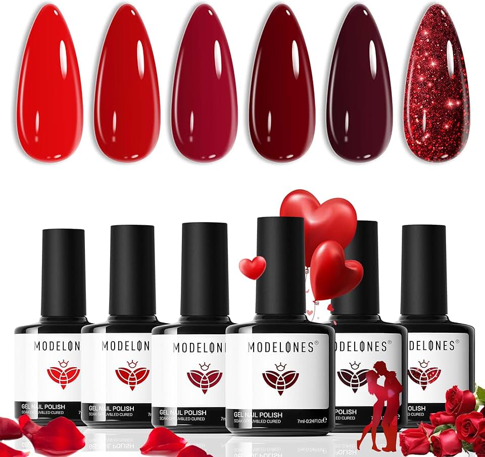 Modelones Conjunto de esmalte em gel - 6 cores clássicas vermelhas gel de imersão em gel vermelho com glitter para arte de unhas, manicure, faça você mesmo, esmalte, salão, LED, unhas de gel, dia dos namorados, ano novo, presentes para mulheres