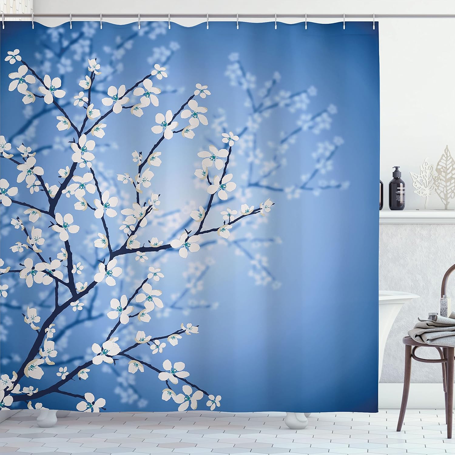 Ambesonne Japanese Shower Curtain, Spring Season Sakura Bloom Design Romantic Cherry Blossom on Blurry Branches, Cloth Fabric Bathroom Decor Set with Hooks, 69" W x 75" L, Azure Blue