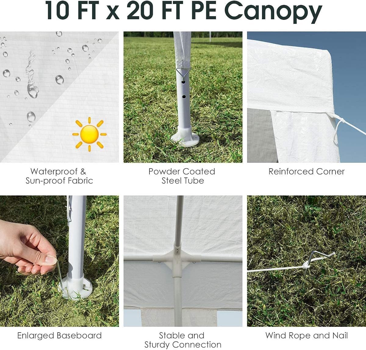 DREAMADE Awning Tent, Outdoor Gazebo, Waterproof Wedding Canopy with Wind Rope, Sturdy Steel Frame, Shelter Pavilion for Sunshading, Lightweight, Ideal for Patio, Party, Commercial Use, White