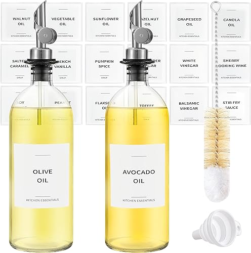Botella dispensadora de aceite de oliva, incluye 55 etiquetas esenciales de cocina, botellas de aceite de cocina para cocina, dispensador de jarabe