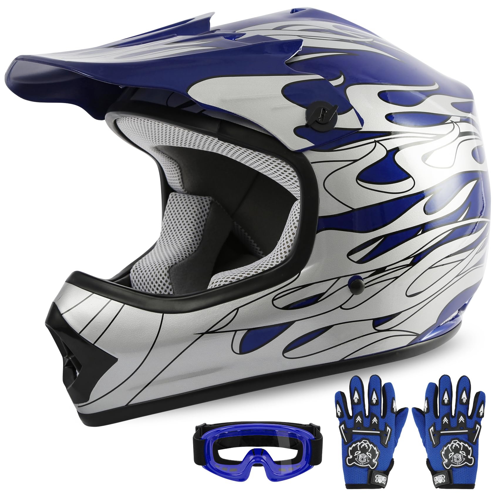 XFMT DOT Youth Kids Dirt Bike Helmet Full Face Motocross Helmets for Off-Road ATV Street Bike Four Wheeler Motorcycle with Goggles & Gloves, Blue Flame Medium