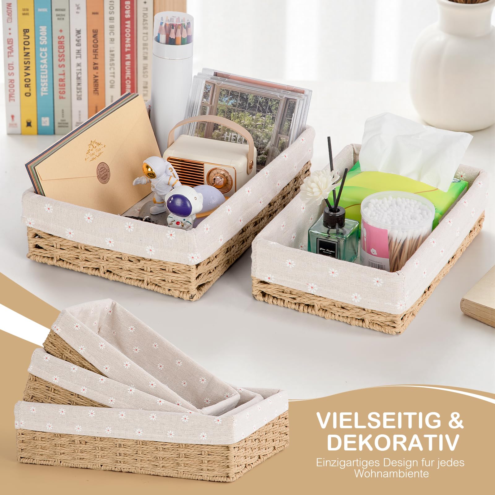 FoiiLiio Lot de 3 Panier Rangement, Paniers de Rangement Tressés, Paniers et boîtes de Rangement, Corbeille Rangement pour Salle de Bain, Cuisine, Organisateur Table a Langer Bebe (Beige)