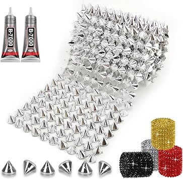 1 Yard Spike for Crafts Stude for Clothing, Silver Spike Stud with Glue, Cone Flatback Plastic Trim Mesh for Holloween Party Decoration Costume DIY Crafts
