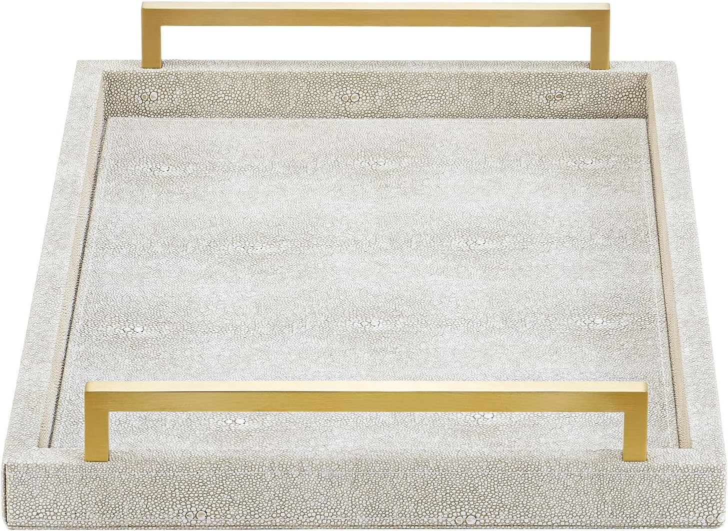 XIGEXIGE Ivory Shagreen Decorative Tray Large Rectangle Coffee Table Tray for Ottoman Faux Leather Serving Tray with Brushed Gold Handles