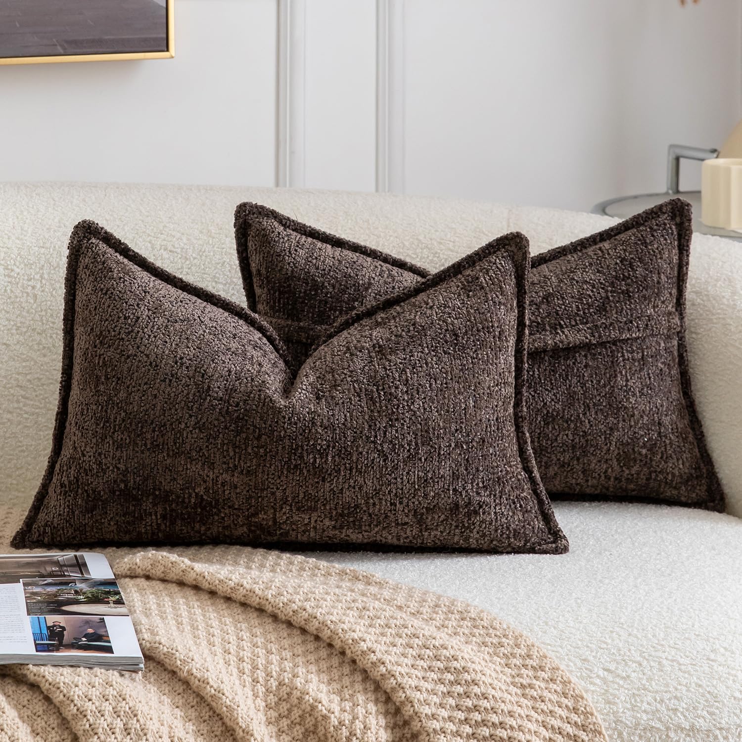 Madizz Pack of 2 Decorative Cushion Covers Boho Soft Textured Chenille Throw Pillows Solid Pillow Covers for Couch Sofa Bedroom Living Room 30x50 CM, Dark Brown