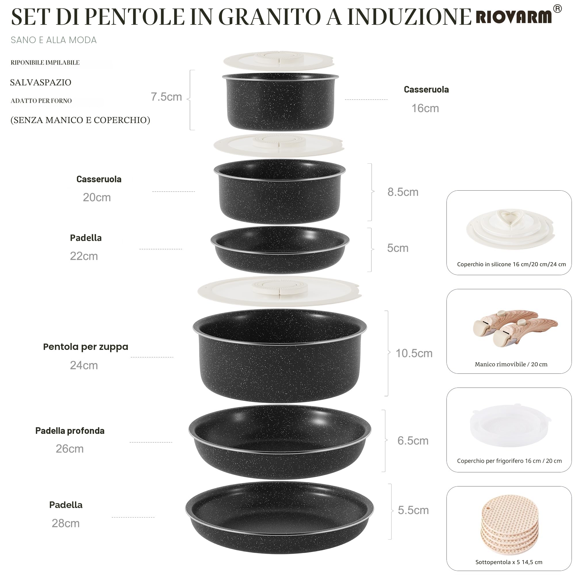 RIOVARM Induzione Set di pentole e padelle con manici staccabili, Impilabile Antiaderente In granito Set di pentole con coperchi, Salvaspazio Set di utensili da cucina Senza PFOA, Padella, Casseruole