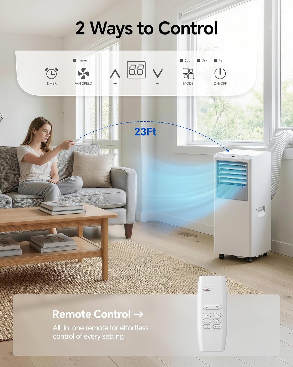 Feelfunn 10,000 BTU Portable Air Conditioner - Cools Up to 450 Sq. Ft., 5-in-1 Portable AC Unit for Rooms with Remote Control, Sleep Mode, 24H Timer, Air Conditioner for Bedroom, Dorm, Apartment