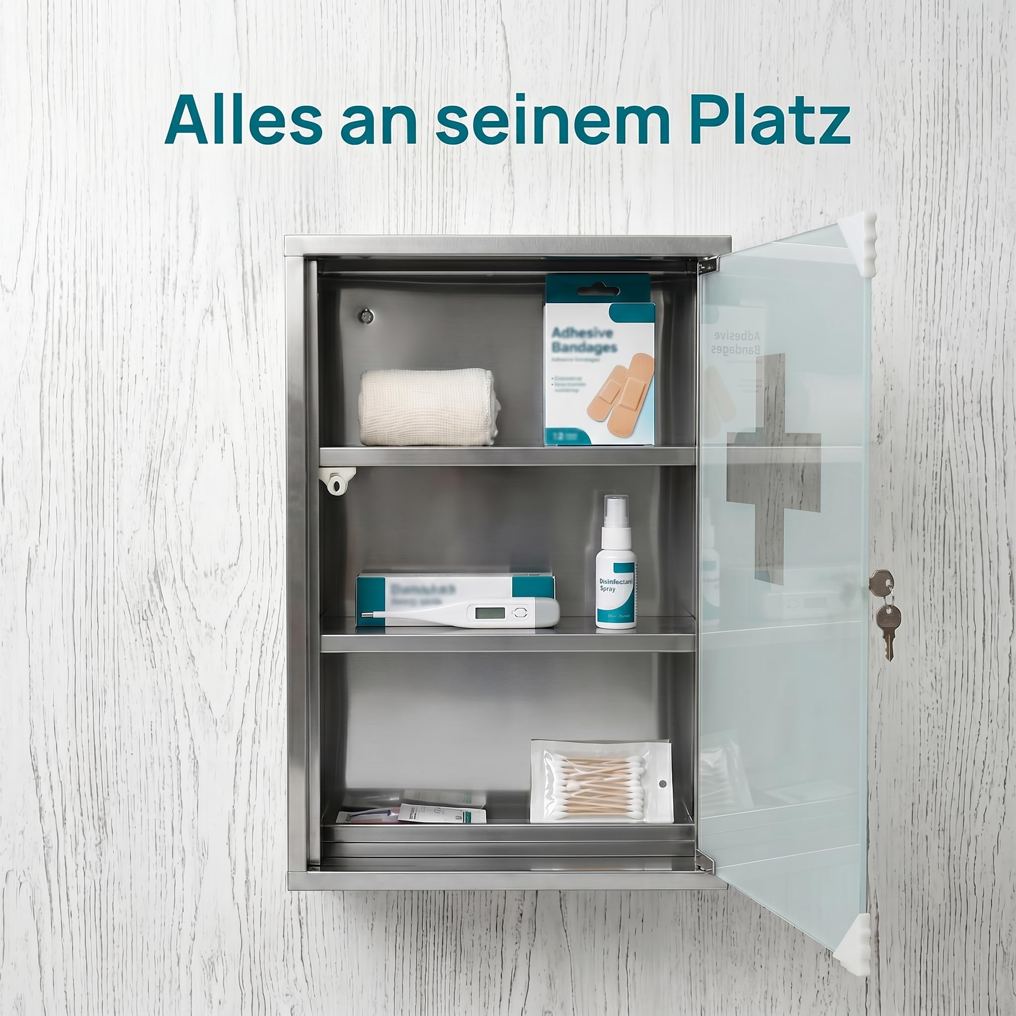 Botiquín farmacéutico con puerta de cristal, se puede cerrar, incluye 2 llaves, armario colgante de acero inoxidable, 4 compartimentos, altura total 57,5 cm